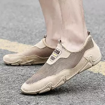 Летние сетчатые туфли без застежек, полые, дышащие, тонкие, легкие, теннисные туфли, мужская повседневная обувь, кроссовки с мягкой подошвой 38 бежевый