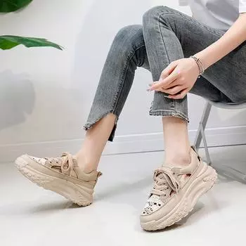 Летние сетчатые туфли женские дышащие тонкие 2025 новые туфли для папы на платформе студенческие сетчатые кроссовки увеличенные K6713 35 хаки
