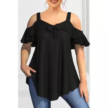 Летние сексуальные элегантные футболки больших размеров женские Y2k повседневные топы с открытыми плечами и оборками женская мода шикарная свободная однотонная пляжная блузка 2XL чёрный