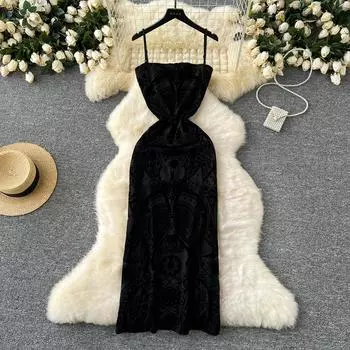 Летние сексуальные бретельки с принтом в сетку, длинные макси, тонкие облегающие праздничные платья для вечеринок S чёрный