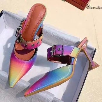 Летние сексуальные камуфляжные туфли на высоком каблуке женские тапочки с острым носком и пряжкой на ремешке для банкета и вечеринки мюли шлепанцы обувь 34