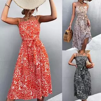 Летние сексуальные платья с цветочным принтом, женское повседневное платье на бретелях, без рукавов, с открытой спиной, женская одежда с принтом S чёрный