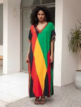 Летние сексуальные пляжные платья Цвет флага с рукавами «летучая мышь» с боковым разрезом Свободный кафтан Купальный костюм для женщин Уютное домашнее платье Q1658 One size разноцветный