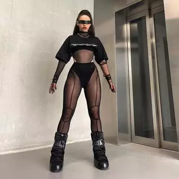 Летние сексуальные прозрачные сетчатые леггинсы, женские модные черные длинные брюки с высокой талией, повседневные универсальные брюки-карандаш 2XL чёрный