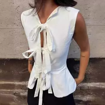 Летние сексуальные рубашки с открытой спиной на шнуровке для женщин, пляжные тонкие рукава с глубоким V-образным вырезом и бантом, укороченный топ с бантом, популярные уличные повседневные топы с вырезами S бордовый
