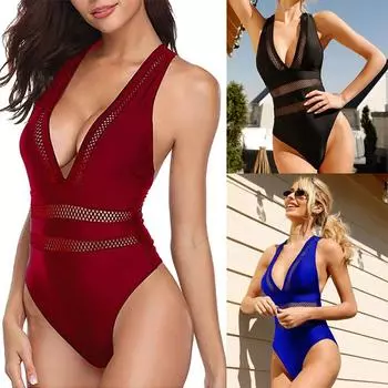 Летние сексуальные сетчатые лоскутные купальники, одежда для женщин, элегантный цельный купальник с глубоким v-образным вырезом, женский купальный костюм, пляжная одежда, пуш-ап, новинка