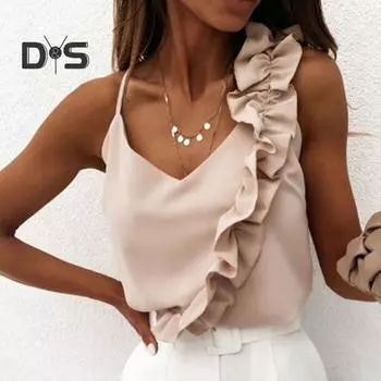 Летние сексуальные топы на бретельках с v-образным вырезом без рукавов и открытой спиной, однотонные топы на бретелях с асимметричными бретелями и рюшами M чёрный