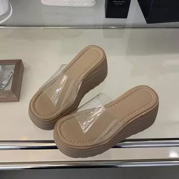 Летние сексуальные высокие каблуки модные водонепроницаемые прозрачные удобные тапочки на толстой танкетке для женщин 35