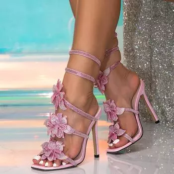 Летние сексуальные женские босоножки в форме змеи с ремешком на щиколотке, стразами и бантом, розовые, на высоком каблуке-шпильке, свадебные туфли для банкета 36