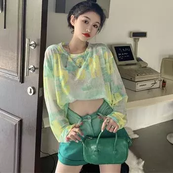 Летние сексуальные женские футболки, женские тонкие солнцезащитные рубашки с надписью «Перспектива», топы с длинными рукавами, футболка из ледяного шелка с круглым вырезом M жёлтый