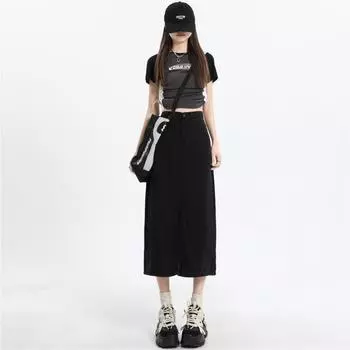 Летние шелковые джинсы для женщин. Летняя новая черная юбка-миди с высокой талией и полуэластичной отделкой для женщин. XS чёрный