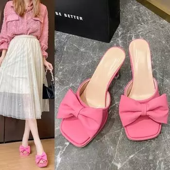 Летние шелковые мюли с бабочкой и узлом на высоком каблуке женские босоножки-лодочки 2024 г. сексуальные туфли с острым носком женские туфли для вечеринок 35-42 35 чёрный