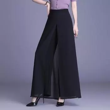 Летние шифоновые длинные брюки, женская уличная одежда, свободные однотонные широкие брюки с высокой талией, красные, черные 27 чёрный