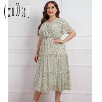 Летние шифоновые европейские и американские женские платья больших размеров 4xl с цветочным принтом и оборками, платья с v-образным вырезом XL