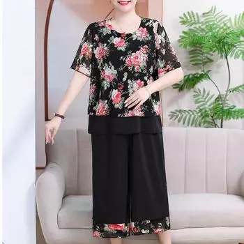 Летние шифоновые комплекты из 2 предметов размера плюс 3XL-7XL, женские повседневные элегантные свободные широкие брюки большого размера, летняя одежда 3XL