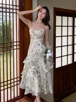 Летние шифоновые платья миди с цветочным принтом, женское платье без рукавов на тонких бретельках с открытой спиной и рюшами, элегантные повседневные вечерние женские платья S