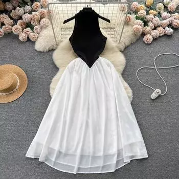 Летние шикарные праздничные пляжные платья контрастного цвета для женщин. Эластичный черный лоскутный черный шифоновый халат миди без рукавов S чёрный