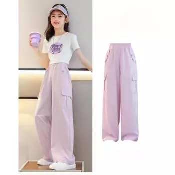 Летние широкие брюки для девочек. Детские брюки. Комбинезон из ледяного шелка. Летние брюки для больших девочек. 170 небесно-голубой