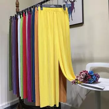 Летние широкие брюки для женщин, повседневные эластичные модные свободные длинные плиссированные брюки с высокой талией фиолетовый/розовый