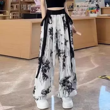 Летние широкие брюки из тонкого ледяного шелка в китайском стиле, повседневные свободные прямые брюки, женские брюки, женские брюки M