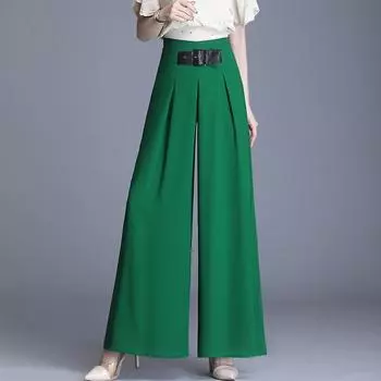 Летние широкие брюки с высокой талией, женские модные однотонные шифоновые брюки, повседневные черные длинные брюки 27 чёрный