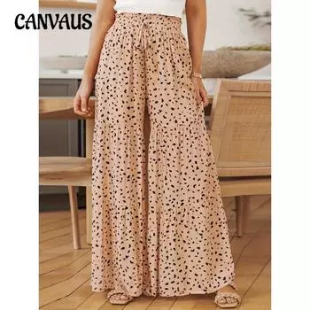 Летние широкие брюки женские большого размера с леопардовым принтом и оборками S светло-коричневого