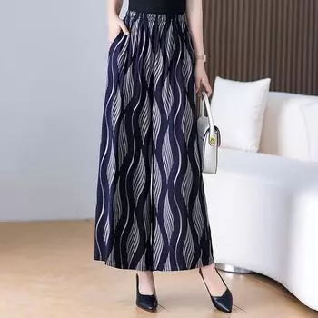 Летние широкие брюки, женские повседневные брюки с эластичной резинкой на талии, большие размеры, брюки с высокой талией и принтом, летние штаны