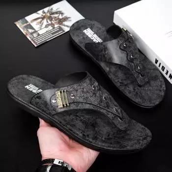 Летние шлепанцы, мужская обувь для активного отдыха, модная обувь из искусственной кожи на плоской подошве, мягкие шлепанцы, сандалии с принтом, тапочки для мужчин, одежда для отдыха на открытом воздухе 39 коричневый