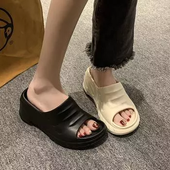 Летние шлепанцы на танкетке для отдыха на открытом воздухе: Пляжные сандалии на толстой подошве и высоком каблуке Size 38