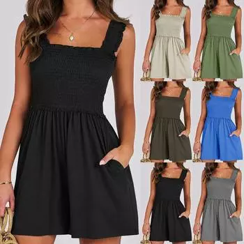 Летние шорты без рукавов с квадратным вырезом, повседневные пляжные эластичные майки, комбинезон, одежда для женщин с карманами, шорты XXL