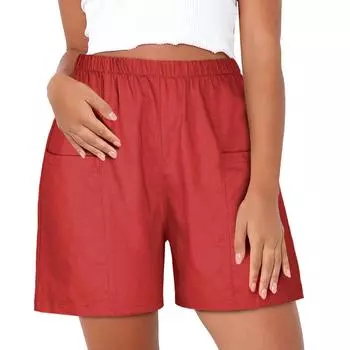 Летние шорты для женщин, повседневные эластичные шорты с высокой талией, мешковатые, однотонные шорты для отпуска XXL красный