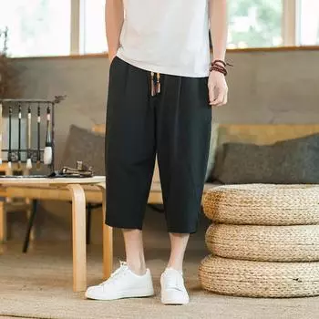 Летние штаны-шаровары, мужские короткие джоггеры, повседневные мешковатые брюки в китайском стиле длиной до икры, мужские брюки-капри 5XL чёрный