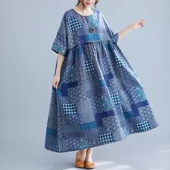 Летние синие хлопковые и льняные платья с цветочным принтом больших размеров, свободное длинное платье макси в стиле ретро в стиле ретро для женщин One Size синий