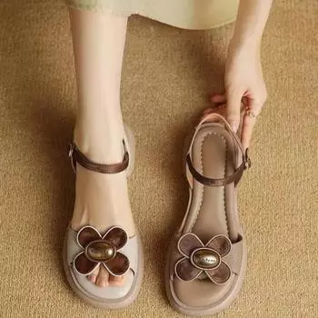Летние сладкие цветы сандалии с открытым носком на блочном каблуке женские босоножки на платформе с ремешком на среднем каблуке римские туфли босоножки на платформе 35 грязно-белый