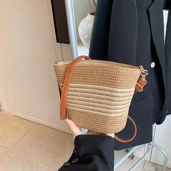 Летние соломенные плетеные сумки через плечо для женщин в полоску, повседневные, в богемном стиле, для пляжа, женские сумки для покупок, сумка через плечо 25x8x15cm бежевый