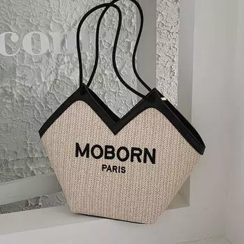 Летние соломенные плетеные сумки-тоуты, сумки большой вместимости, женская повседневная сумка через плечо, модная брендовая сумка-ведро для женщин 38x12x30cm чёрный