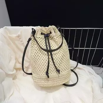 Летние соломенные сумки через плечо, женская сумка-ведро с завязками, плетеные вручную сумки из рафии, повседневная женская пляжная сумка через плечо 28x14x30cm хаки