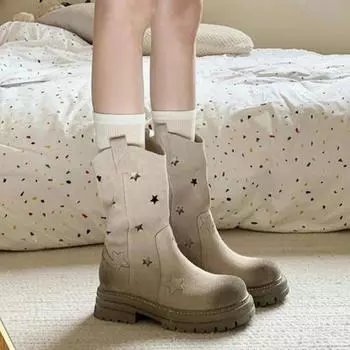 Летние современные сапоги до середины голени, туфли на квадратном каблуке, женские высококачественные сапоги без застежек с круглым носком в стиле панк Q129 39