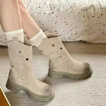 Летние современные сапоги до середины голени, туфли на квадратном каблуке, женские высококачественные сапоги без застежек с круглым носком в стиле панк Q129 35 серый