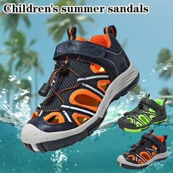 Летние спортивные детские сандалии для мальчиков 5–16 лет, Нескользящая дышащая пляжная обувь, уличные повседневные детские сандалии на мягкой подошве 30 зелёный