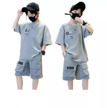 Летние спортивные комплекты для мальчиков, детский повседневный костюм, модная одежда для подростков, детские футболки, шорты, брюки с короткими рукавами, костюмы 160cm серый