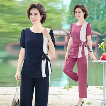 Летние спортивные костюмы в западном стиле, женская летняя мода среднего возраста, возрастная одежда из двух предметов XL синий