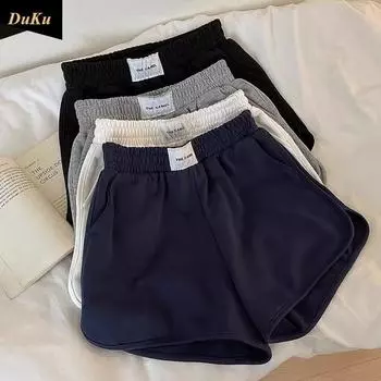 Летние спортивные простые короткие повседневные брюки женские новые широкие шорты с эластичной резинкой на талии, подходящие друг другу шорты S чёрный