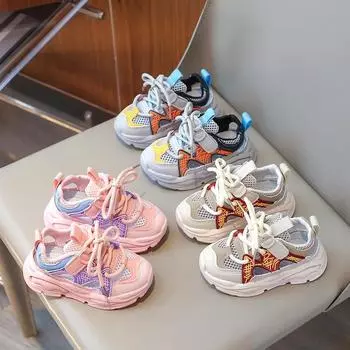 Летние спортивные сандалии для девочек 2024 года, новые детские сетчатые теннисные туфли с яркими узорами, износостойкие грязезащитные кроссовки для мальчиков 21 бежевый