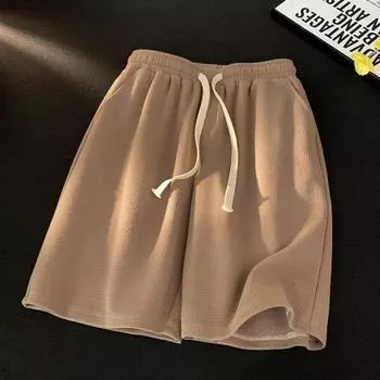 Летние спортивные шорты женские с высокой талией и завязками на талии, свободные повседневные прямые широкие брюки с пятью точками M чёрный