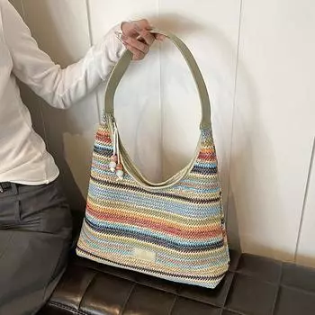 Летние сумки большой вместимости из радужной соломы для женщин, модная сумка на одно плечо для дальних поездок, женская повседневная сумка-ведро