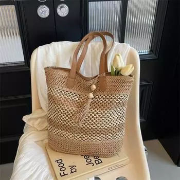 Летние сумки большой вместимости, женская модная сумка через плечо с цветными блоками, пляжная сумка ручной работы, украшение из кисточек, плетеная женская сумка