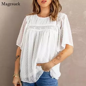 Летние свободные белые шифоновые рубашки для женщин, мода 2023, элегантная полая повседневная блузка, женские однотонные офисные женские топы Blusas 25108 S небесно-голубой