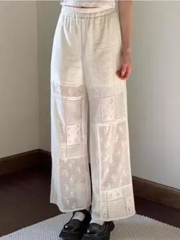 Летние свободные брюки, винтажные белые брюки, женские брюки с милой вышивкой и цветочной вышивкой, кружевные корейские брюки Y2k, эстетические повседневные брюки S бежевый