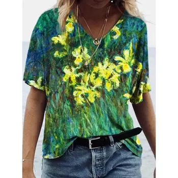 Летние свободные футболки для пар, модные женские топы с v-образным вырезом и короткими рукавами, повседневные футболки с 3D цветочным принтом XL